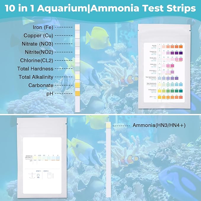 10 in 1 Ammonia Test Kit for Aquarium, 150pcs Aquarium Test Strips, Accurate & Fast Fish Tank Water Testing Kit Suitable for Saltwater and Freshwater, Test Water pH, Nitrite, Nitrate & More