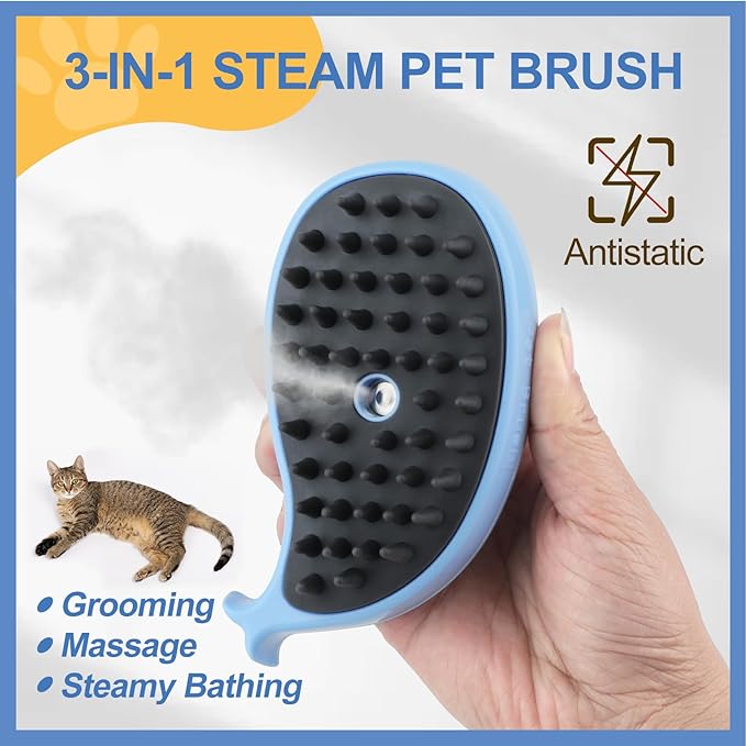 Cat Steam Brush, 3 in 1 Cat Steamy Brush, Silicone Massage Grooming Brush, Pet Hair Self Cleaning Brush Comb for Cats Dogs(Blue Whale)