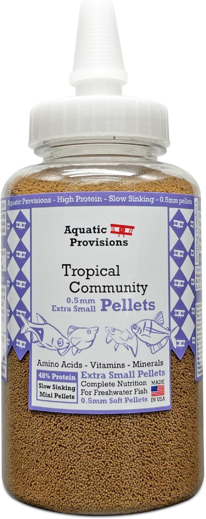 Extra Small Fish Food Pellets 4.23 oz, Sinking 0.5mm Size, High Protein, for Tropical Community Aquariums