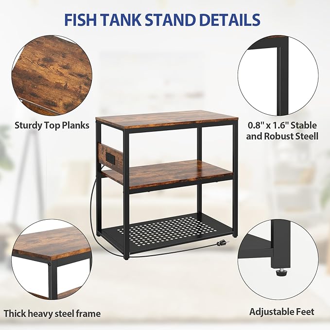 20-29 Gallon Fish Tank Stand With Power Outlets, 3-Tier Metal Aquarium Stand, Breeder Reptile Tank Stand with Shelf for Home Office, 500LBS Capacity, 29.5 x 15.8 x 30.1 inches