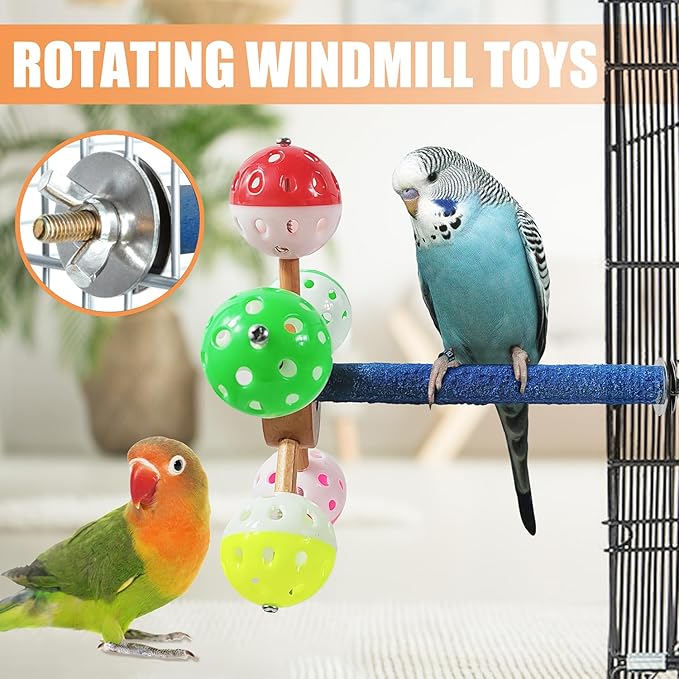 Parrot Toy Rotating Perch Toy with Bell Balls, Bird Perch Rough Educational Bird Toys Foraging Training Toys for Budgerigar Parakeet Mynah Love Birds Finches.