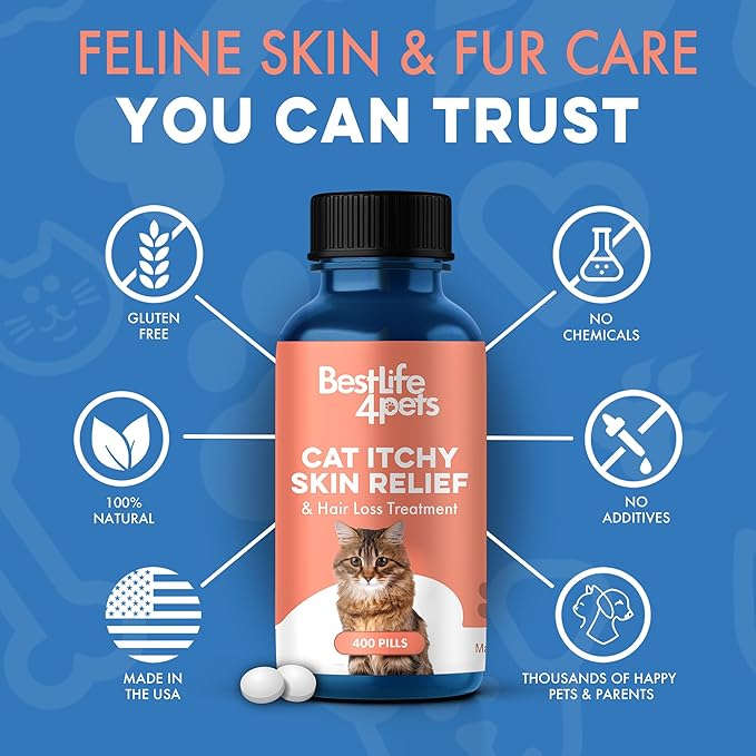 BestLife4Pets All-Natural Healthy Skin and Allergy Relief for Cats - Allergy Medicine for Cats; Cat Allergy Medication; Cat Itchy Skin Treatment - Strengthen Immune System - Easy to Use Pills