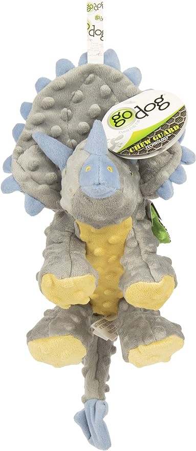 goDog Dinos Frills Squeaky Plush Dog Toy, Chew Guard Technology - Gray, Large