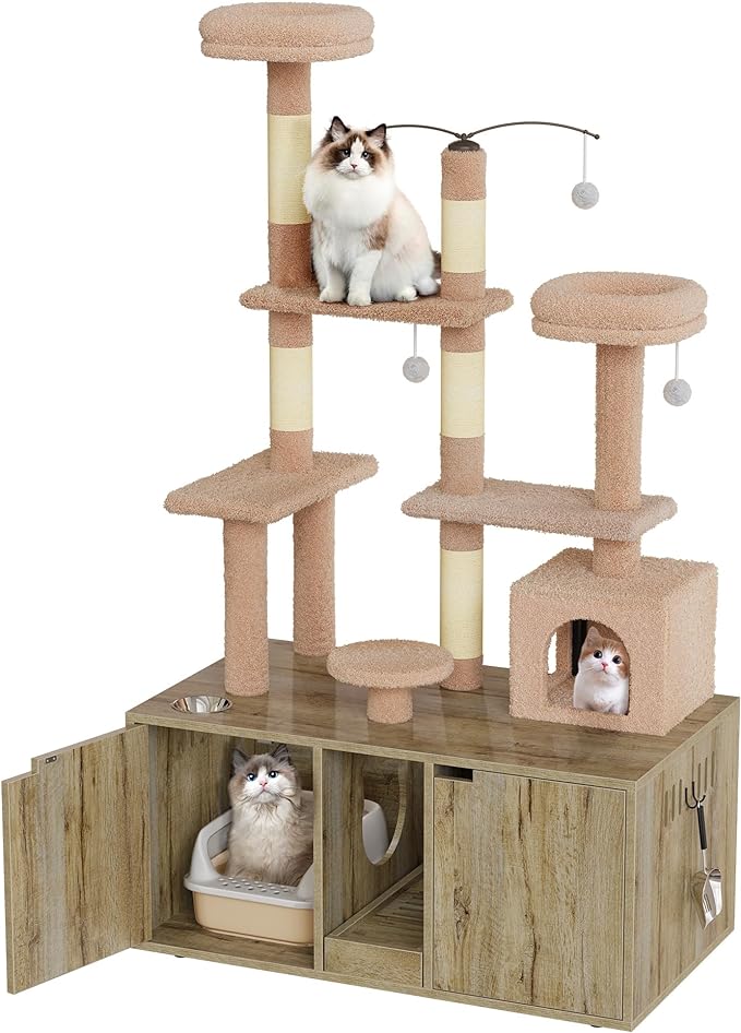 YITAHOME 71 Inch Cat Tree with Double Cat Litter Box Enclosure, Litter Box Furniture Hidden for 2 Cats, All-in-one Litter Box Furniture with Cat Tower Condo Food Station and Large Platform, Oak