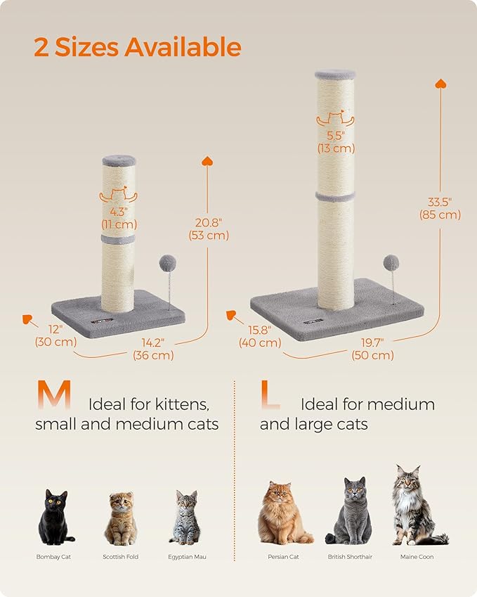 Feandrea Cat Scratching Post, 33.5-Inch Tall Cat Scratcher for Medium and Large Cats, Sisal Scratch Pole, Spring Pompom with Built-in Bell, Dove Gray UPCA041G01