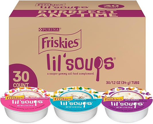 Purina Friskies Grain Free Wet Cat Food Lickable Cat Treats Variety Pack, Lil' Soups With Salmon, Tuna or Shrimp - (Pack of 30) 1.2 oz. Cups