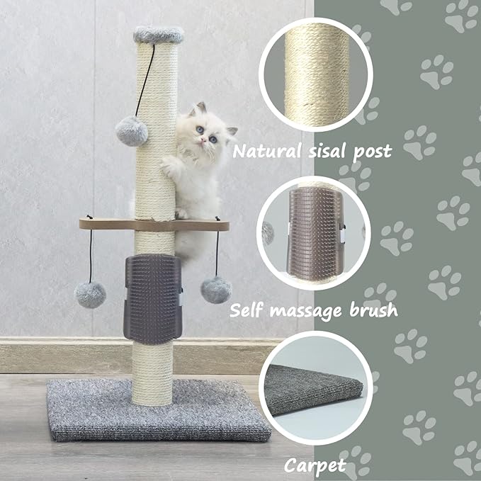 Cat Scratching Post Sisal Vertical Scratcher Posts for Indoor Cats and Kittens,Three Hanging Ball Toy and Self-Grooming Brush,26inches Cat Scratch Pole Grey