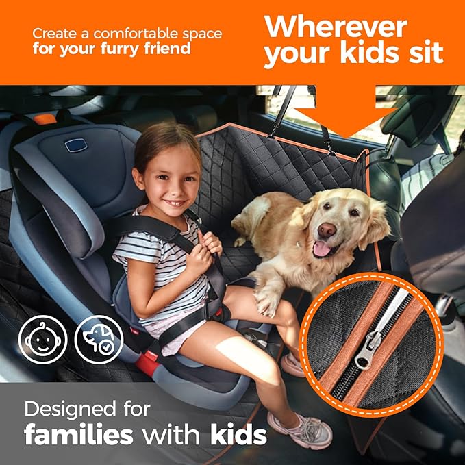 Dog Car Seat Cover for Back Seat for XL Cars, SUVs & Trucks, 100% Waterproof Non-Slip Dog Hammock for car, 600D Heavy Duty Scratch Proof Durable pet car Rear seat Cover w/Mesh Window, Storage Pockets