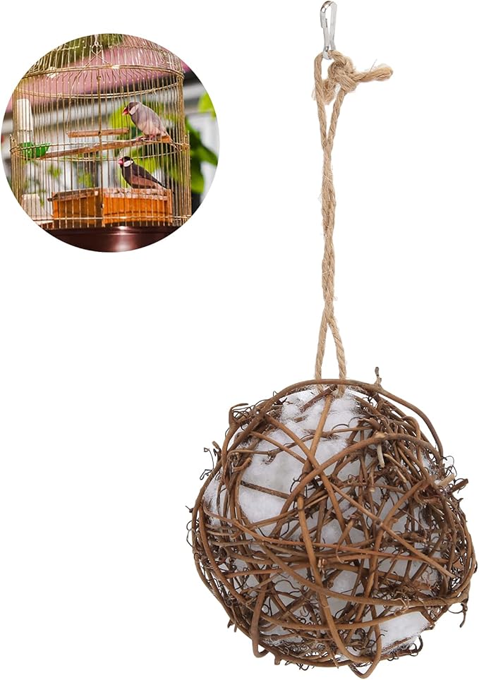 Parrot Rattan Ball Toy, Humming Bird Nesting Rattan Ball Toy with Refillable Cotton for Wild Birds Wrens Finches Sparrows