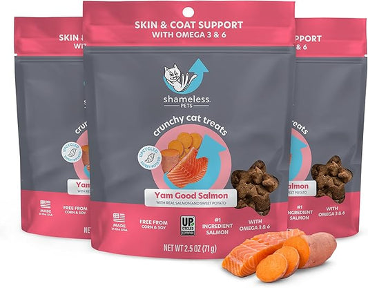 Shameless Pets Crunchy Cat Treats - Kitty Treats for Cats with Skin & Coat Support, Natural Ingredients Kitten Treats with Real Salmon, Healthy Flavored Feline Snacks - Yam Good Salmon, 3-Pk