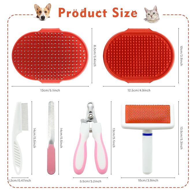 Cat Grooming Kit Set with Pet Shedding Slicker Brush Nail Clipper Trimmer Pet Massage Bath Glove Flea Comb for Bunny Puppy Kitten Guinea Pig Chinchilla Ferret Small Animals (Red, Pink)