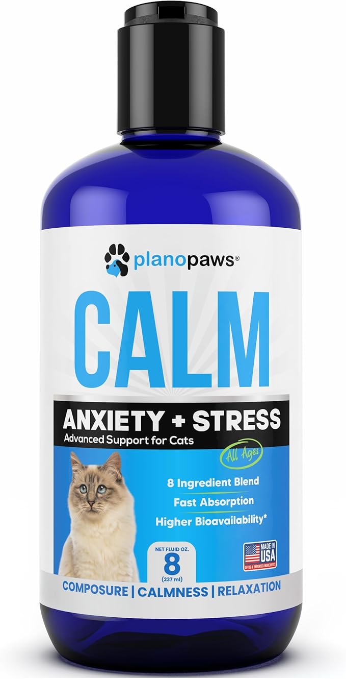 Cat Anxiety Relief 90 Day Supply - Faster Absorption Than Cat Calming Treats - Cat Calming Products for All Ages - Liquid Calming Cat Treats for Sleep Aid - 8 Ingredient Blend + Cat Melatonin