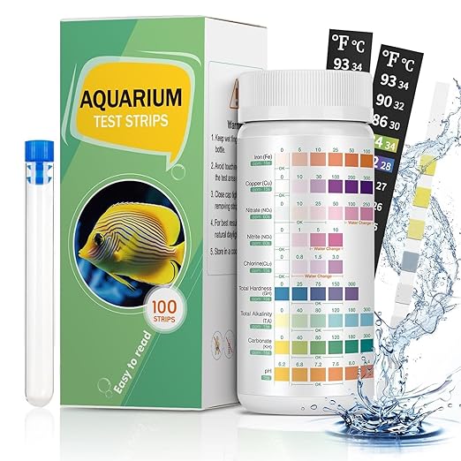 Pawfly 9 in 1 Aquarium Test Kit, Fish Tank Test Strips for pH Chlorine Nitrate Nitrite Carbonate Hardness Total Alkalinity Iron Copper, Freshwater Saltwater Test Kit