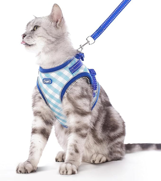 Supet Cat Harness and Leash Set for Walking and Small Dog Soft Mesh Plaid Harness Adjustable Vest with Reflective Strap Comfort Fit for Pet Kitten Puppy Rabbit