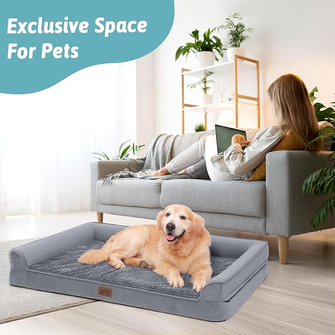 Orthopedic Dog Beds for Extra Large Dogs, Waterproof Memory Foam XXL Dog Bed with Sides, Non-Slip Bottom and Egg-Crate Foam Big Dog Couch Bed with Washable Removable Cover, Grey (U-shaped)