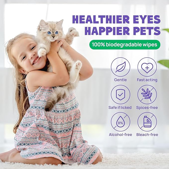 HICC PET Eyes Wipes for Dogs & Cats - Gently Remove Tear Stain, Eye Debris, Discharge, Mucus Secretions - Coconut Oil Pet Cleaning Grooming Deodorizing Wipes for Eyes, Wrinkle, Face