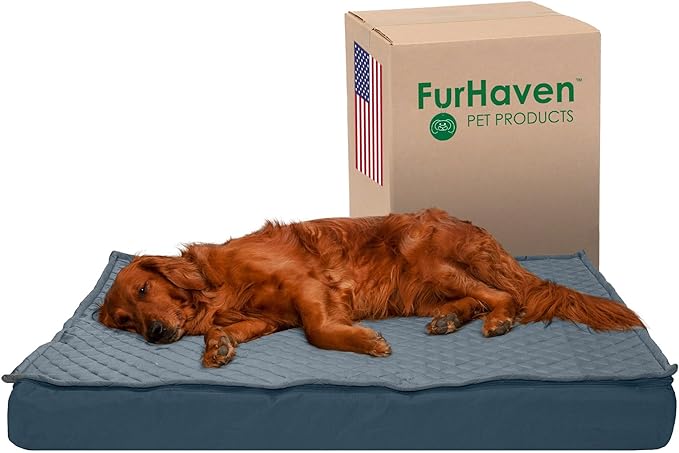 Furhaven Water-Resistant Orthopedic Dog Bed for Large Dogs w/ Removable Quilt Top & Washable Cover, For Dogs Up to 95 lbs - Indoor/Outdoor Quilt Top Convertible Mattress - Calm Blue, Jumbo/XL