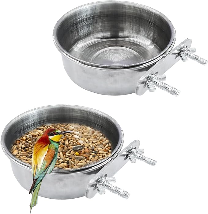 2Pcs Medium Ohtum Bird Bowls for Cage Stainless Steel, Parakeet Feeding Dish Cups with Clamp Holder, Hanging Hamster Foraging Food & Water Bowl for Parrot Cockatiel Budgies Bunny Hedgehog (2 Pack M