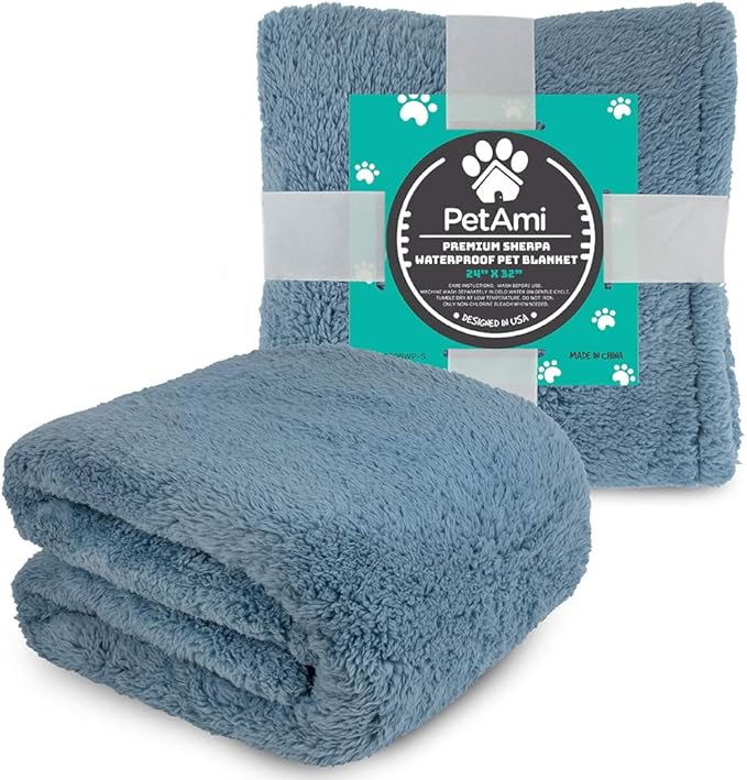 PetAmi Fluffy Waterproof Dog Blanket for Small Medium Dogs, Soft Warm Pet Sherpa Throw Pee Proof Couch Cover, Reversible Cat Puppy Bed Blanket Sofa Protector, Plush Washable Pad (Dusty Blue, 24x32)