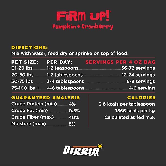 Diggin’ Your Dog Firm Up Pumpkin for Dogs & Cats with Cranberry, 100% Made in USA, Pumpkin Powder for Dogs, Digestive Support, Apple Pectin, Fiber, Healthy Stool, 4 oz