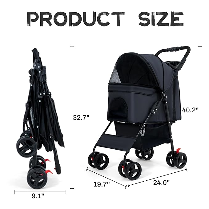 Pet Dog Stroller,Foldable Dog Cat Jogger Stroller, Pet Strolling Cart, Dog Travel Carrier Portable Lightweigh Dog Stroller with Storage Basket and Cup Holder for Medium Small Dogs Cats(Black)