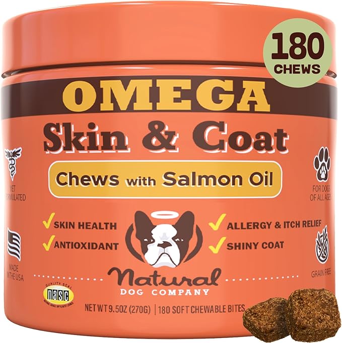 Natural Dog Company Skin & Coat Chews, Salmon & Peas Flavor, Dog Vitamins and Supplements for Healthy Skin & Coat, Itch Relief for Dogs with Allergies, with Biotin, Vitamin E, Omega 3, 180 Count