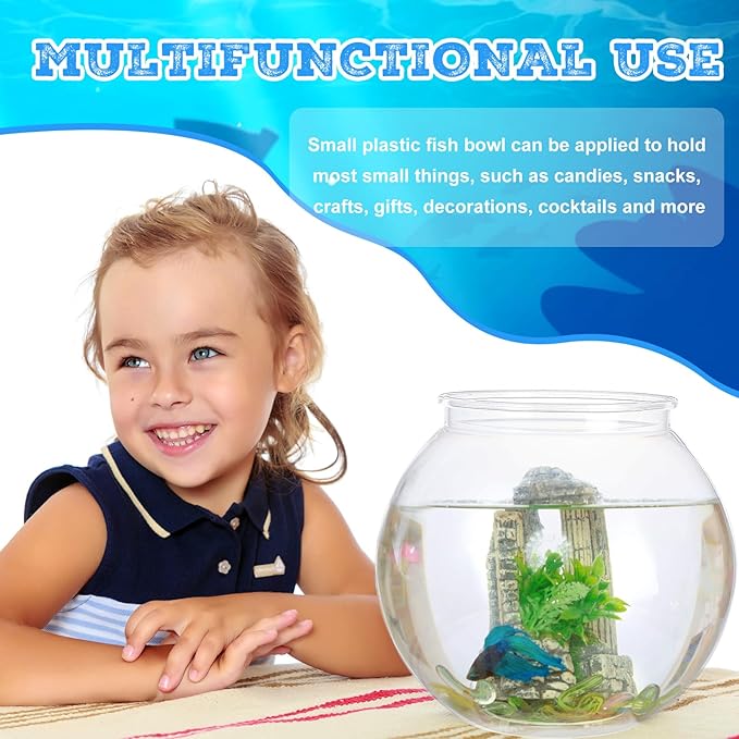 Mifoci 6 Pcs Fish Bowl Plastic Fish Tank Clear 100 oz Goldfish Bowl Multipurpose Round Desktop Aquarium Transparent for Home Office Betta Fish Goldfish Turtle Candy Party Favors, 7.09 x 6.3 Inch