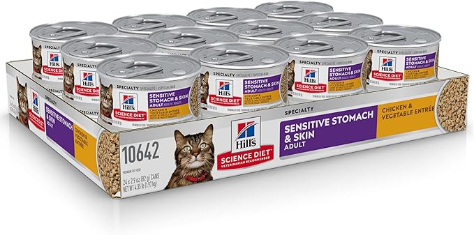 Hill's Science Diet Sensitive Stomach & Skin, Adult 1-6, Stomach & Skin Sensitivity Support, Wet Cat Food, Chicken & Vegetables Minced, 2.9 oz Can, Case of 24