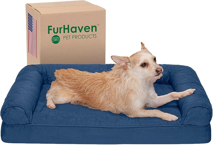 Furhaven Orthopedic Dog Bed for Medium/Small Dogs w/ Removable Bolsters & Washable Cover, For Dogs Up to 35 lbs - Quilted Sofa - Navy (Blue), Medium