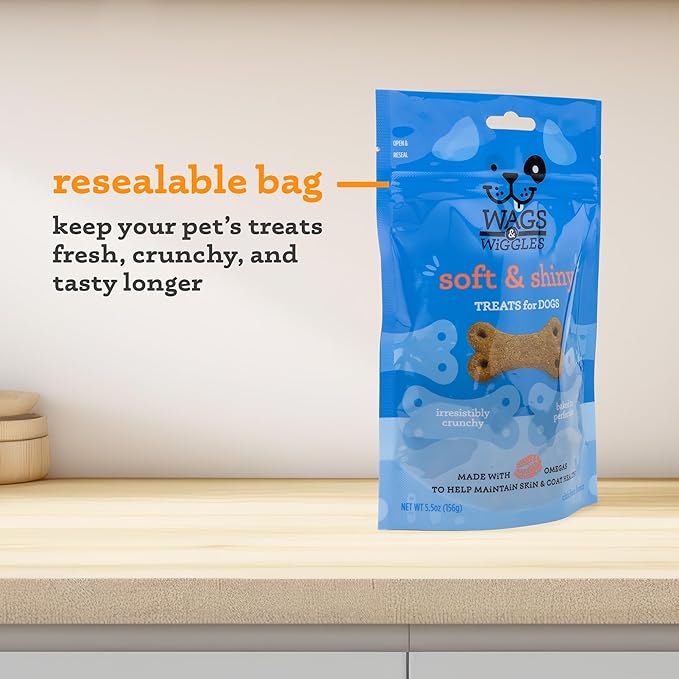 Wags & Wiggles Soft & Shiny Treats for Dogs, Chicken Flavor, 5.5 oz Resealable Bag | Skin & Coat Support Functional Treats for Dogs with Salmon for Skin Health