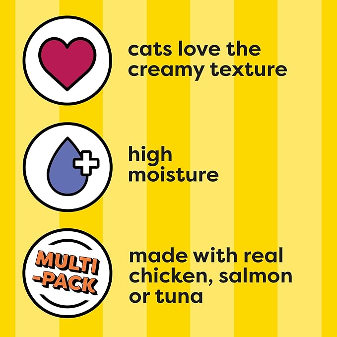 Temptations Creamy Puree with Chicken, Salmon, and Tuna Variety Pack of Lickable, Squeezable Cat Treats, 0.425 Oz Pouches, 24 Count