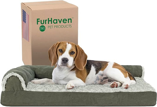 Furhaven Cooling Gel Dog Bed for Medium/Small Dogs w/ Removable Bolsters & Washable Cover, For Dogs Up to 35 lbs - Two-Tone Plush Faux Fur & Suede L Shaped Chaise - Dark Sage, Medium