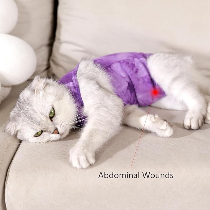 Cat Recovery Suit for Male and Female Surgical Post Surgery Soft Cone Onesie Tie Dye Cats Shirt Clothes Neuter Licking Protective Diapers Outfit Cover Kitten Spay Collar Alternative(Purple, L)