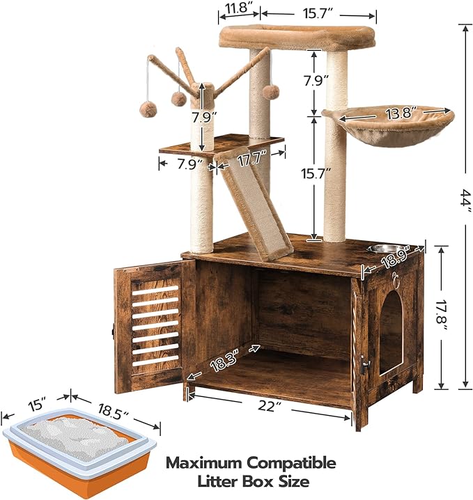 HOOBRO Cat Tree with Litter Box Enclosure, 44" Tall Wooden Cat Tower with Scratching Posts, Cat Hammock, Hidden Litter Box Furniture, All-in-One Indoor Cat Condo, Rustic Brown FG48MZ03