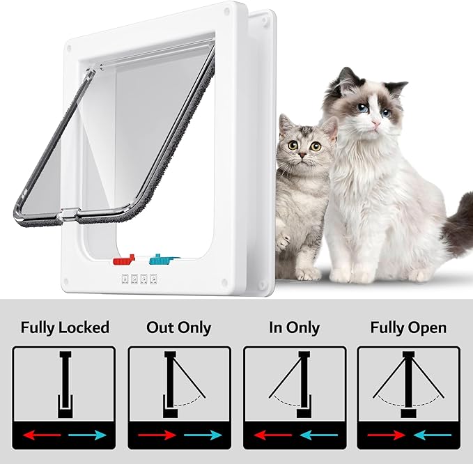 Medium Cat Door Interior Door Pet Door for Cat Exterior Door 4 Modes Locking Suitable for Window and Wall (White)