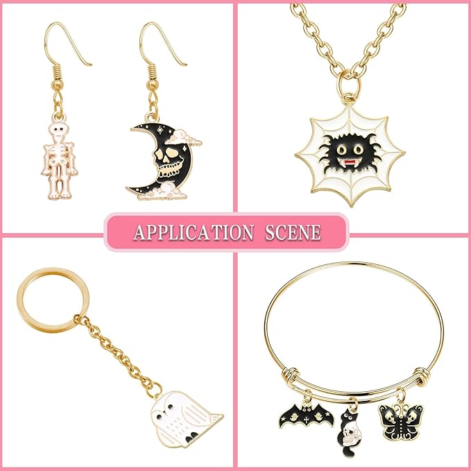 LiQunSweet 20 Pcs 10 Styles Animal Enamel Charms Book with Bat Cat Skull Skeleton for Halloween for DIY Bracelet Keychain Necklace Jewelry Making