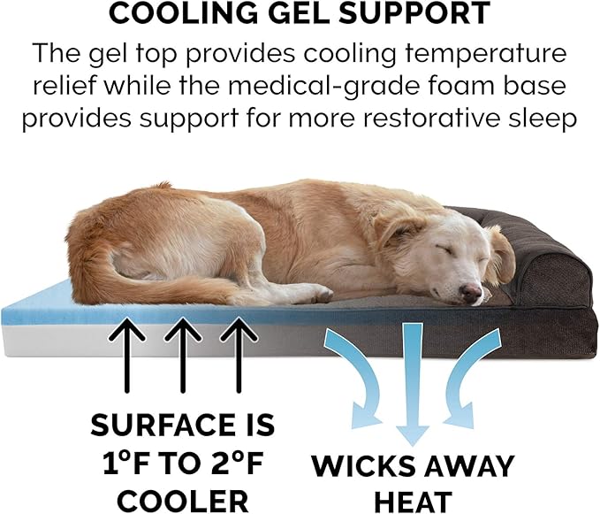 Furhaven Cooling Gel Dog Bed for Large Dogs w/ Removable Bolsters & Washable Cover, For Dogs Up to 125 lbs - Sherpa & Chenille Sofa - Coffee, Jumbo Plus/XXL