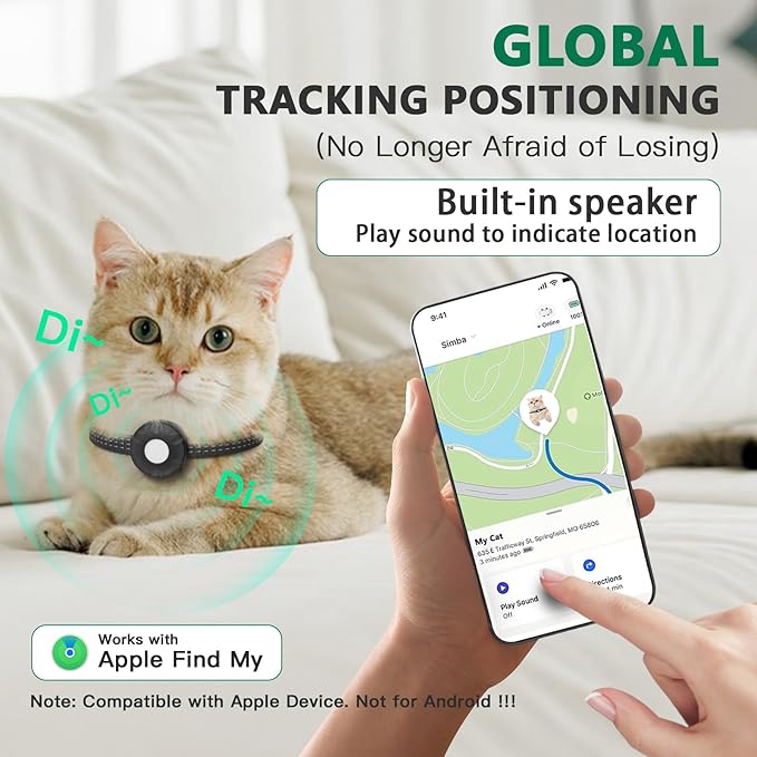 Cat Tracker Collar, No Monthly Fee Pet Tracker for Cats (iOS Only), Pet Dog Location Tracker with Safety Elastic Buckle, Air Tracker Tag Included, Only Support Apple Find My App