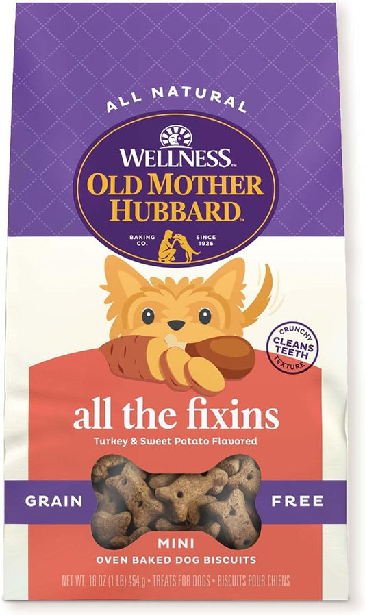 Old Mother Hubbard by Wellness All the Fixins Grain Free Natural Dog Treats, Crunchy Oven-Baked Biscuits, Ideal for Training, Mini Size, 16 ounce bag