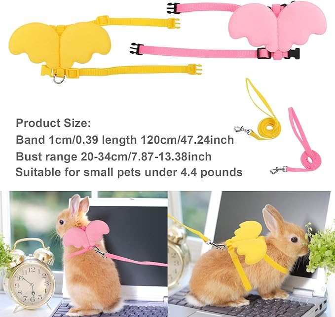 2Pcs Rabbit Harness and Leash, Adjustable Bunny Harness, Kitten Vest Harness and Leash Set, Cute Wings Pet Harness Leash Set for Bunny Puppy Kitten Ferret and Other Small Animals (Yellow+Pink)