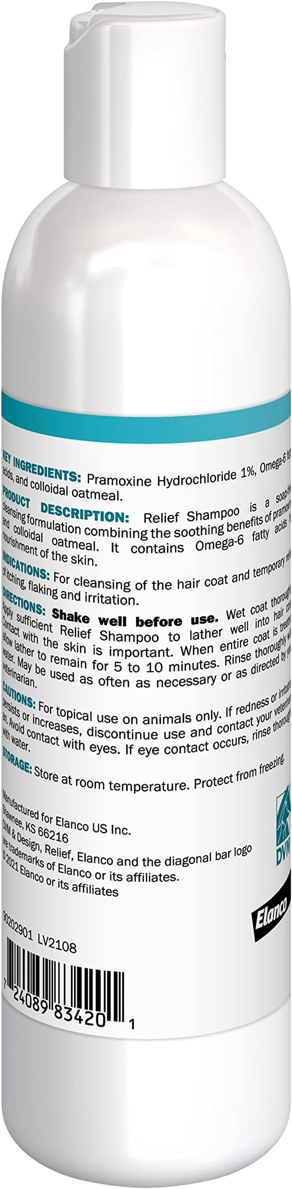 Elanco Relief Shampoo, temporary relief of itching and flaking, moisturizer for dry skin and coat, for dogs, cats and horses, 8 oz