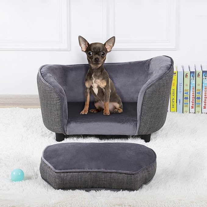 Pet Sofa Bed, Velvet & Linen fabric Dog Couch with Washable Cushion for Small Dog Cat Gray (Gray)