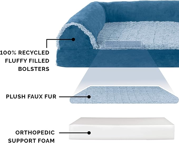 Furhaven Orthopedic Dog Bed for Large Dogs w/ Removable Bolsters & Washable Cover, For Dogs Up to 125 lbs - Two-Tone Plush Faux Fur & Suede L Shaped Chaise - Marine Blue, Jumbo Plus/XXL