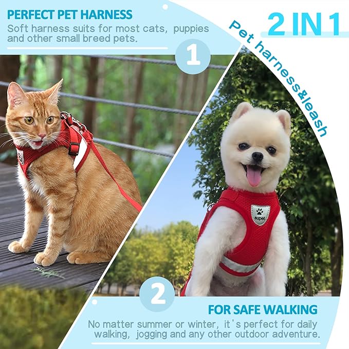 Supet Cat Harness and Leash Set for Walking Cat and Small Dog Harness Soft Mesh Harness Adjustable Cat Vest Harness with Reflective Strap Comfort Fit for Pet Kitten Puppy Rabbit