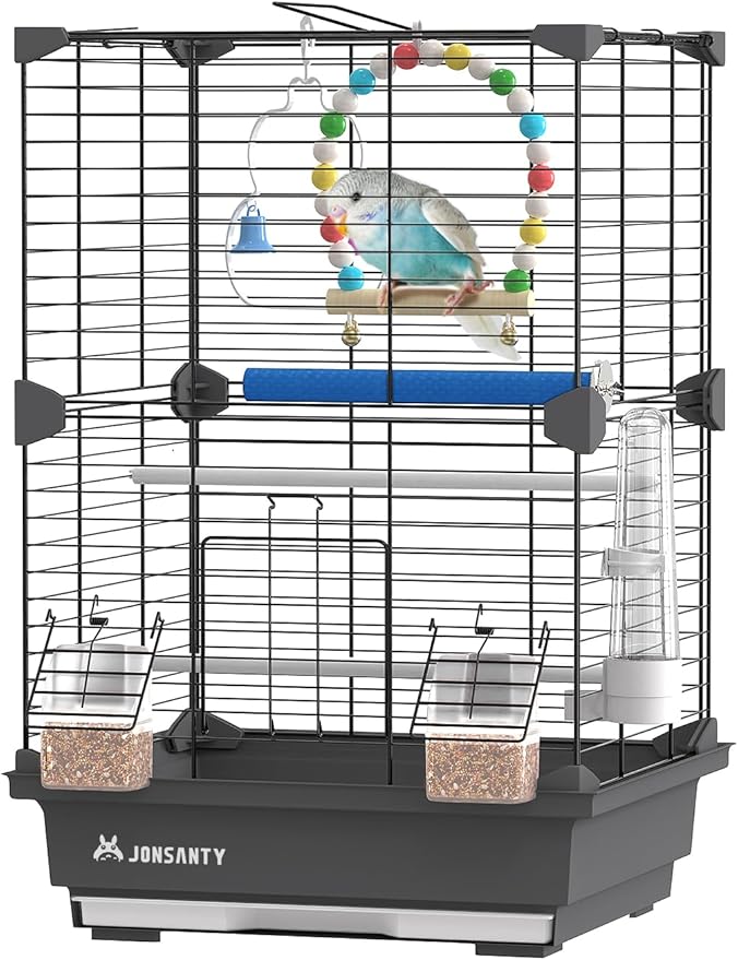 17 Inch Small Square Metal Pet Bird Cage, Parrot Cage, Bird Carrier Travel Cage, with Bird Standing Stick, Swing, Water Feeder, Easy to Clean, for Budgies, Zebra Finches and Other Small Birds