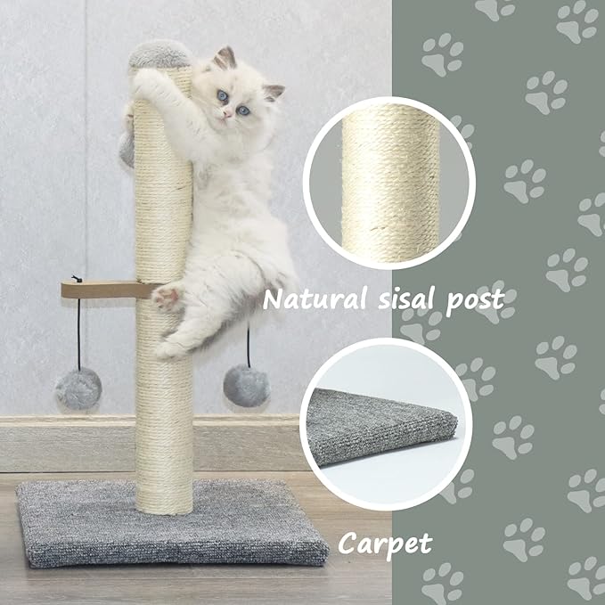 Cat Scratching Post,Small Scratch Post for Indoor Kittens and Small Size Cats,with Hanging Ball Toys,21inches,Grey