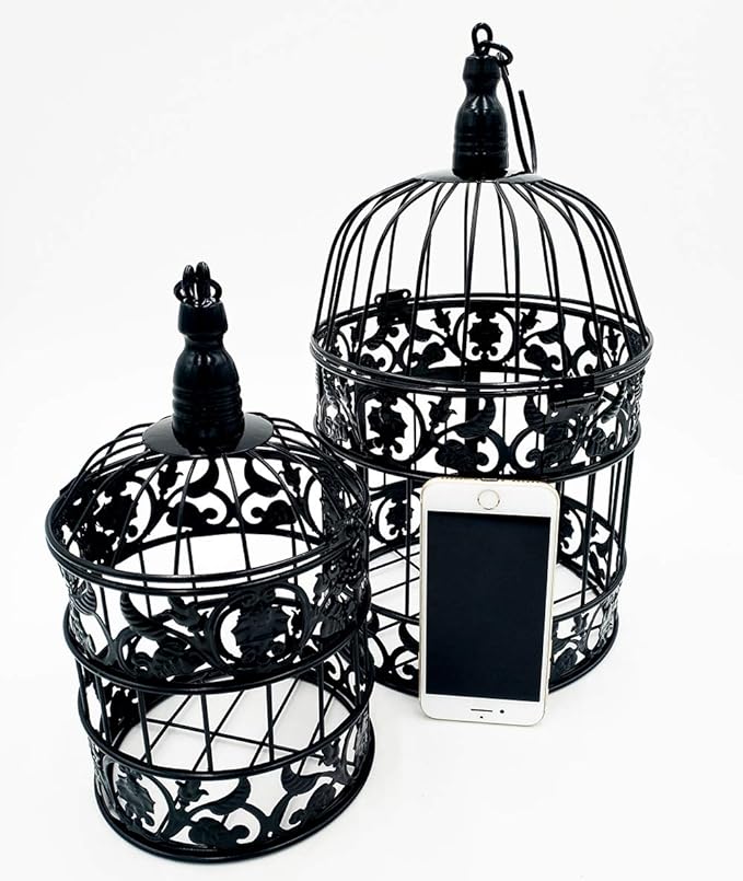 PET SHOW Pack of 2 Round Birdcages Decor Metal Wall Hanging Bird Cage for Small Birds Wedding Party Indoor Outdoor Decoration 9.8INCH and 13.8INCH Color Black White (Black)