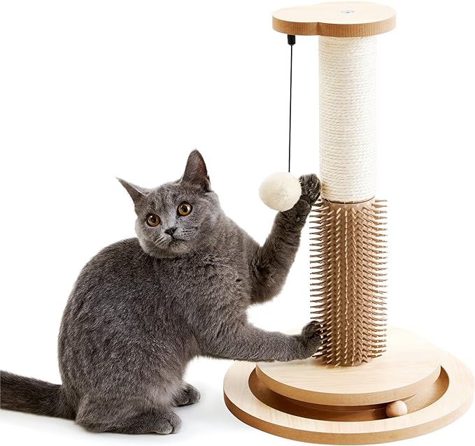 Made4Pets Cat Scratching Post 18" Tall for Small Kittens, 4-in-1 Cat Scratcher with Natural Sisal Ropes, Wooden Turntable Track Toy with Self Grooming Brush, Premium Scratch Pole with Plush Balls