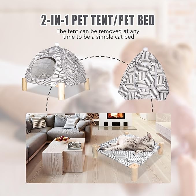 Pozico 2 in 1 Cat Bed Tent Wooden Frame Cat Teepee Cat Hammock, Quick Assembly and Disassembly, Portable Indoor/Outdoor Pet Dog Tent House for Cats Puppies Small Animals:White Diamond Tent