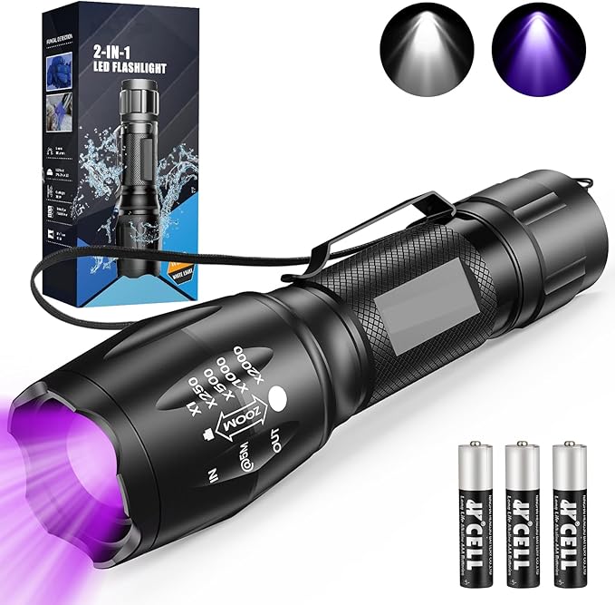 UV Flashlight, Portable Blacklight Flashlight, LED Torch with White and Ultraviolet Light Combo, Black Light Pet Urine Detector for Dog Cat Pee, ID Check, AC Leak, Bed Bug, Rocks, Resin